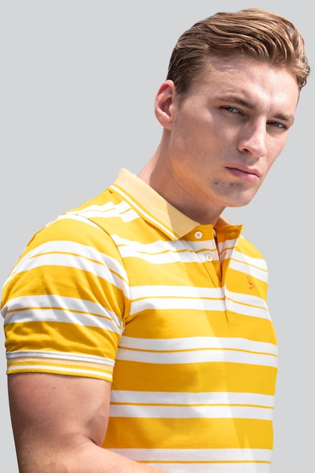 Mens Yellow Classical Stripe Pique Polo Shirt