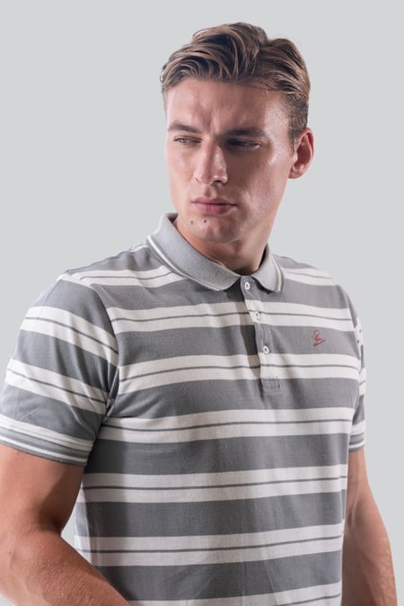 Mens Grey Classical Stripe Pique Polo Shirt