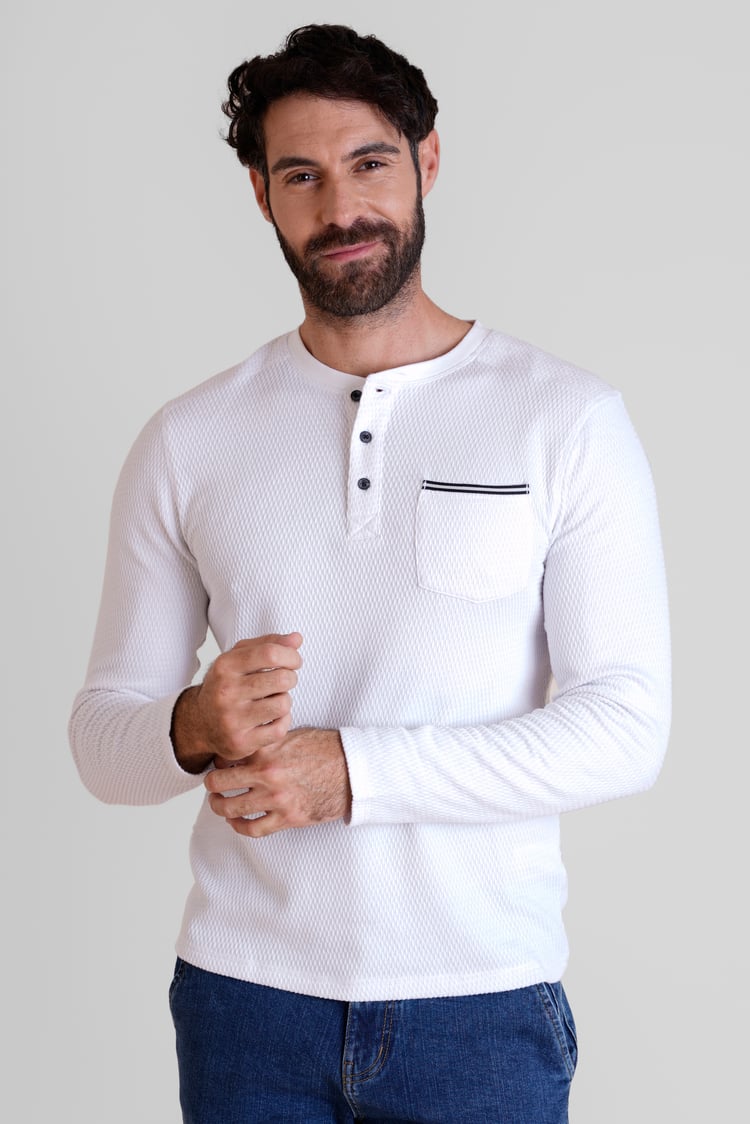 Textured Jersey Long Sleeve Henley T-Shirt