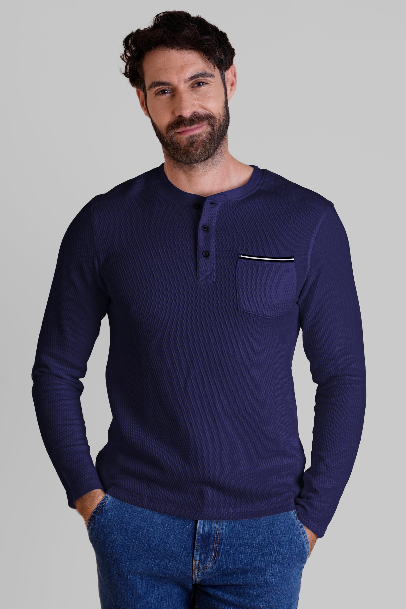 Textured Jersey Long Sleeve Henley T-Shirt