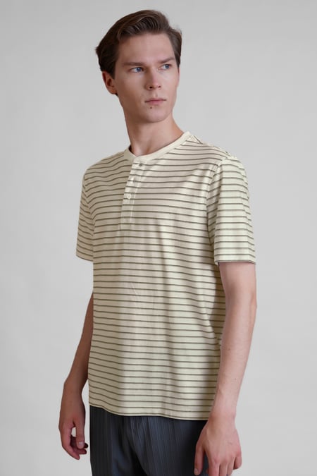 Cream Loose Fit Stripe Print Henley T-shirt