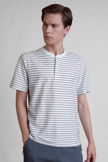 Cream Loose Fit Stripe Print Henley T-shirt