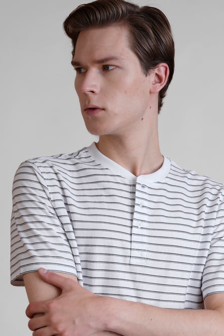 White Loose Fit Stripe Print Henley T-shirt