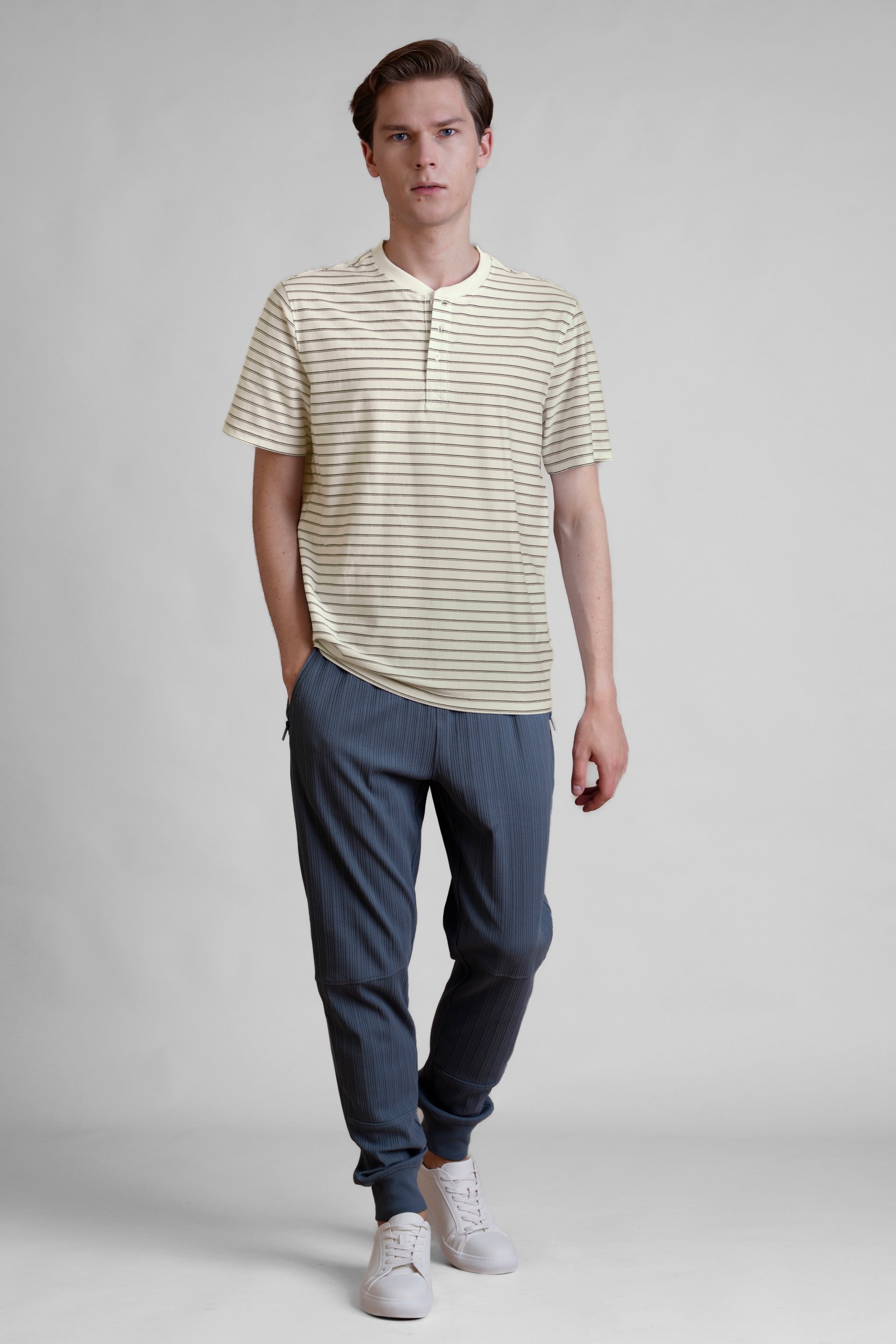 Loose Fit Stripe Print Henley T-shirt
