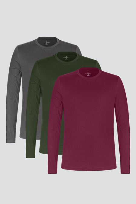 Grey/Olive/Burgundy Regular Fit Crew Neck T-Shirt 3 Pack