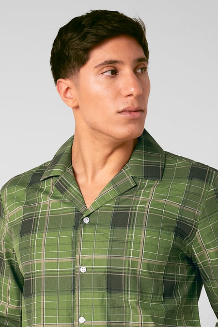 Mens Green-Grey Check Printed Nightwear Shirt