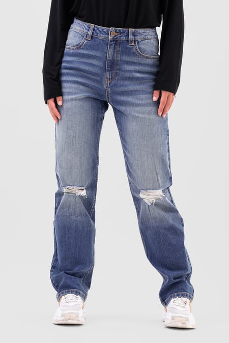 Womens Mid Blue Straight Fit Ripped Jeans