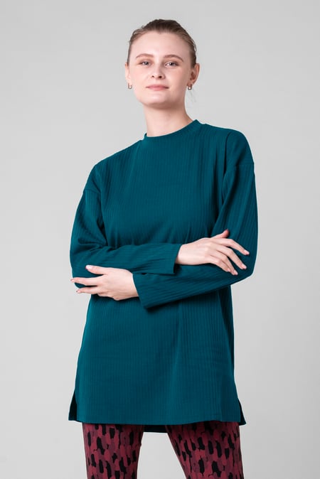 Women Green Oversize Texture Rib Tops