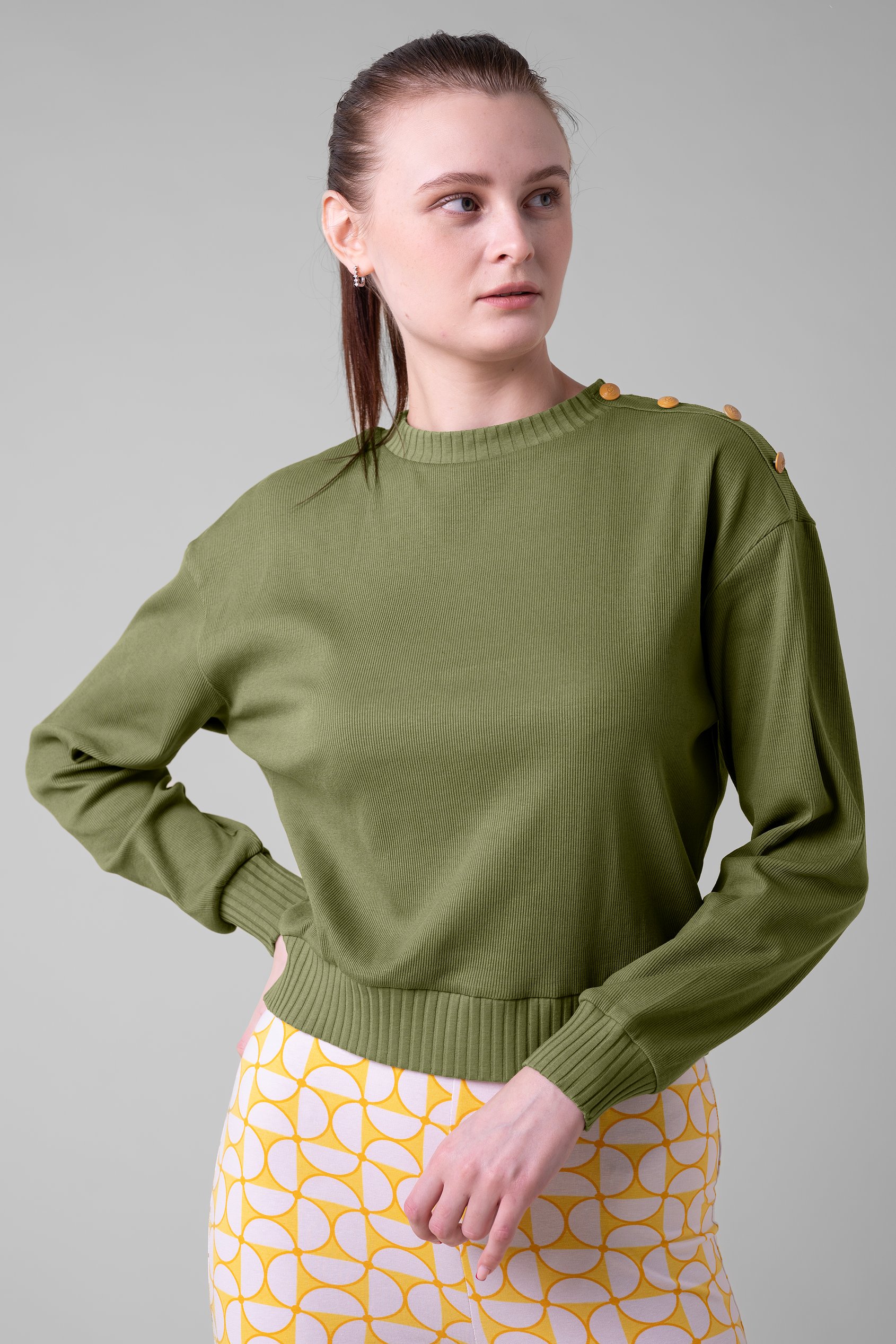 Button Shoulder Crewneck Sweatshirt