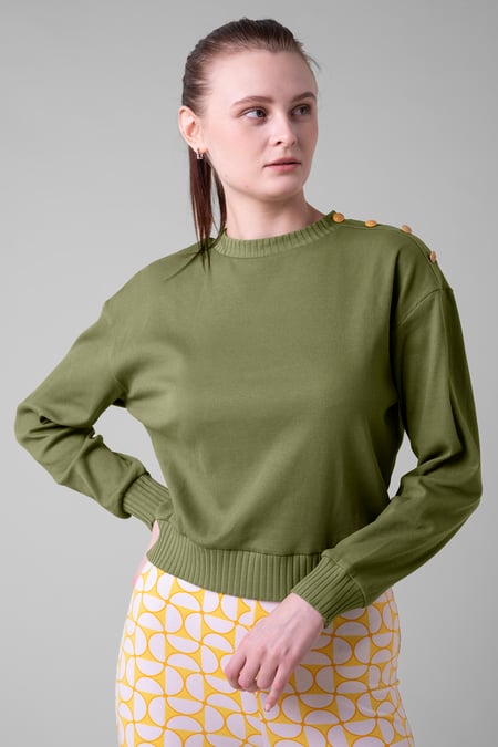 Green Button Shoulder Crewneck Sweatshirt