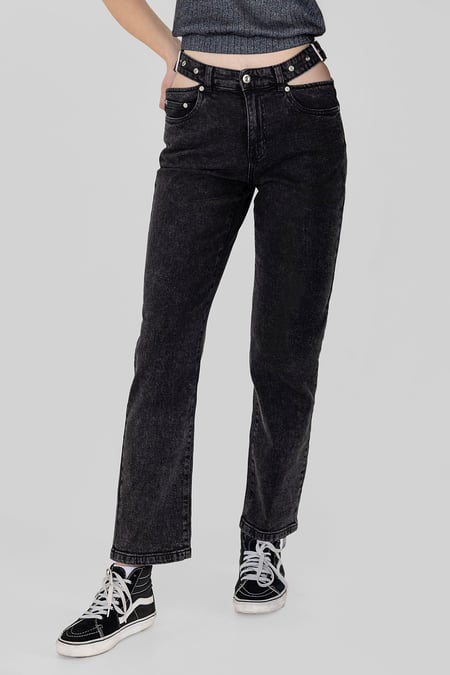 Black Wide-Leg Comfort Jeans With Waist Cut-Outs