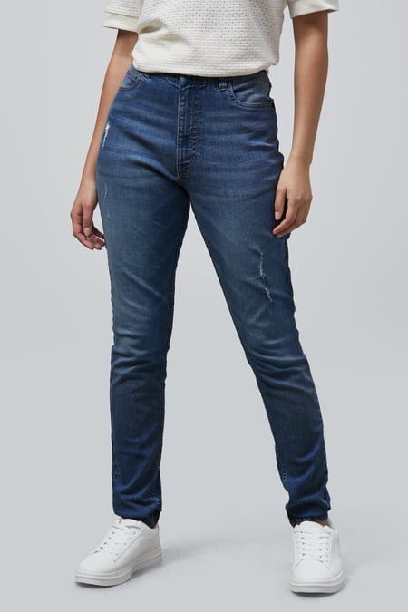 Mid Blue High Waist Regular Length Distressed Jeans