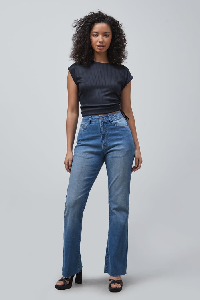High Waist Raw Hem Flared Jeans