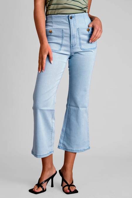 Light Blue Cropped Flared Buttoned Jeans