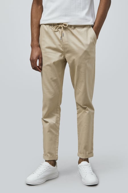 Mens White Folded Hem Trousers With Drawstring