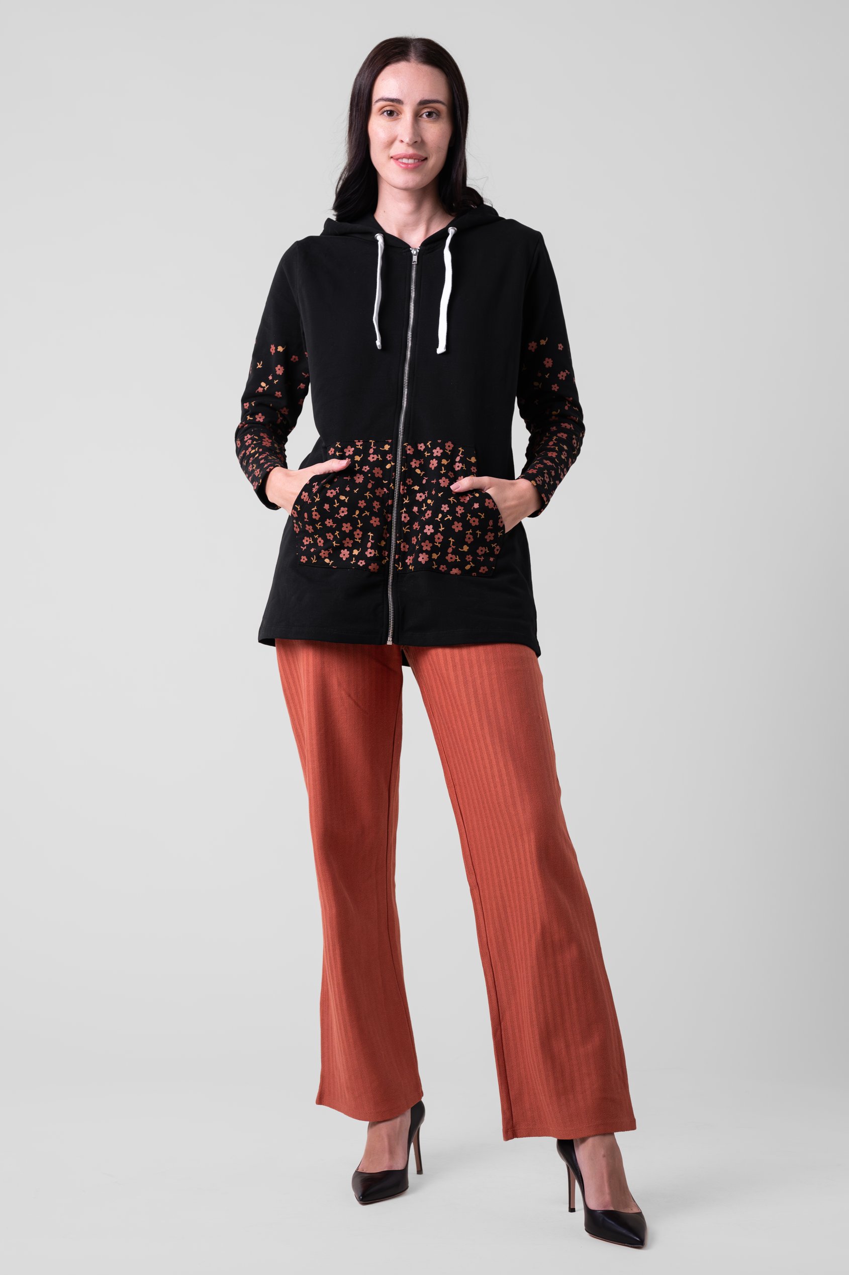 Women Longline Zip Front Hoodie