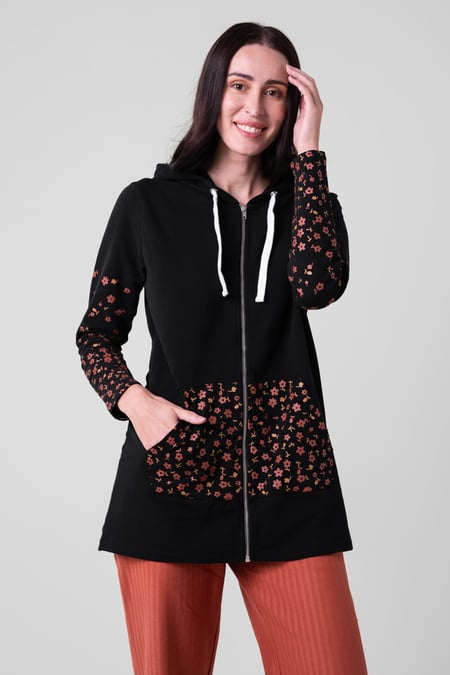 Women Black Longline Zip Front Hoodie