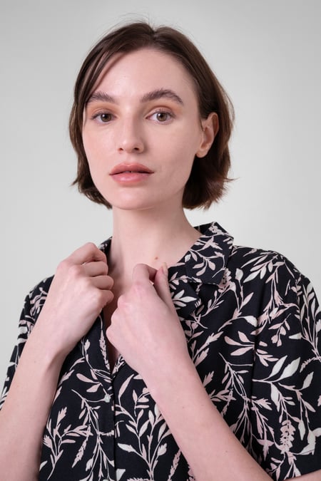 Womens Black Leaf Print Dress With Collar