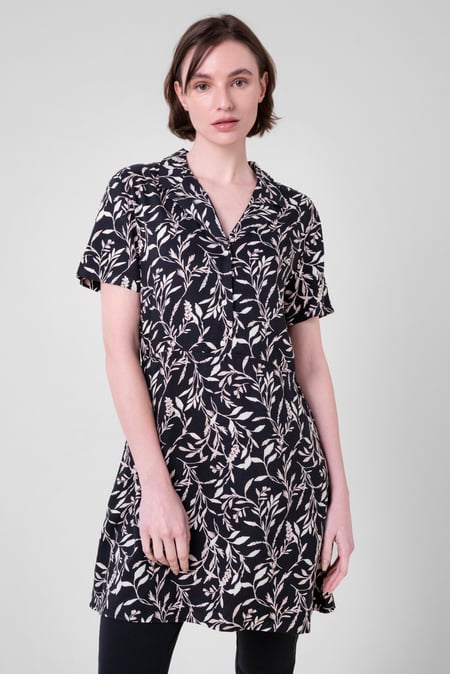 Womens Black Leaf Print Dress With Collar