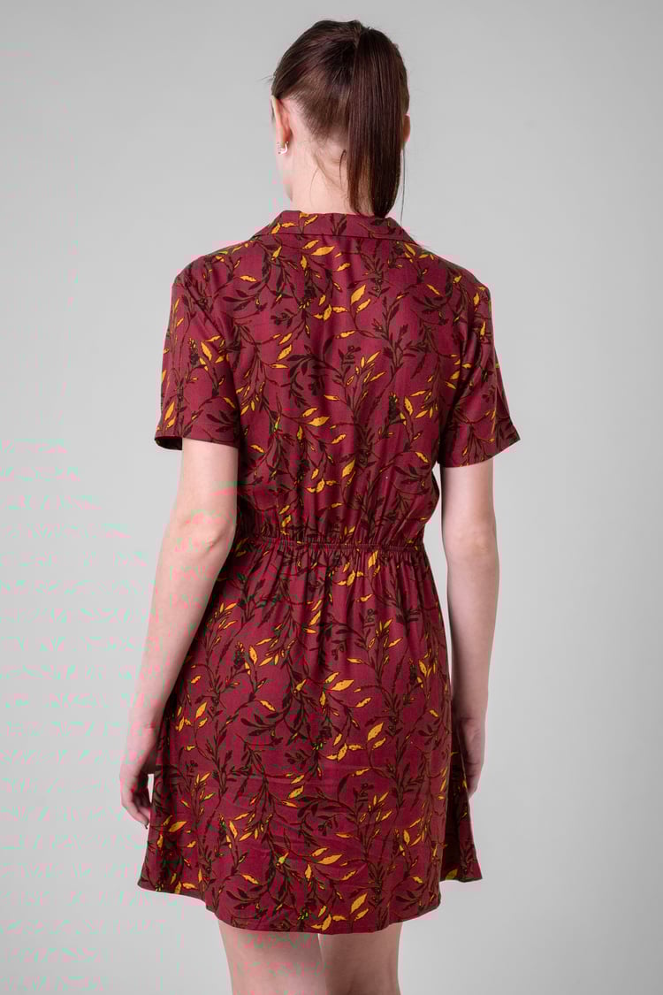 Womens Leaf Print Dress With Collar