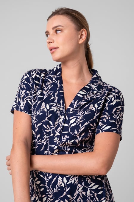 Womens Navy Leaf Print Dress With Collar