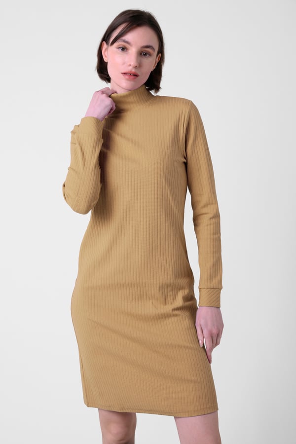 Yellow Ribbed Roll Neck Long Sleeve Mini Dress