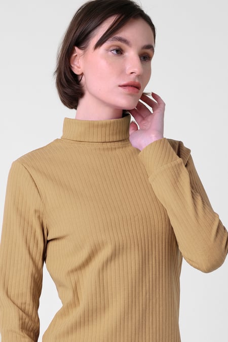 Yellow Ribbed Roll Neck Long Sleeve Mini Dress