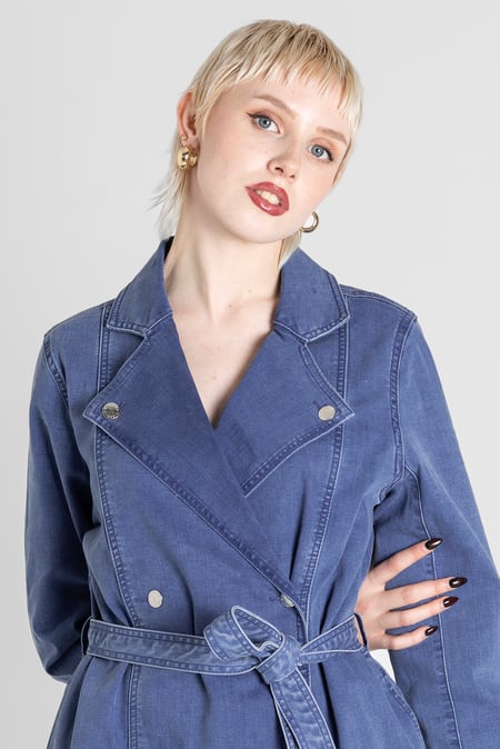 Mid Blue Denim Belted Trench Coat