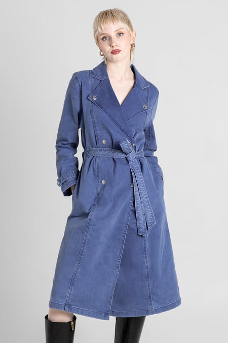 Mid Blue Denim Belted Trench Coat