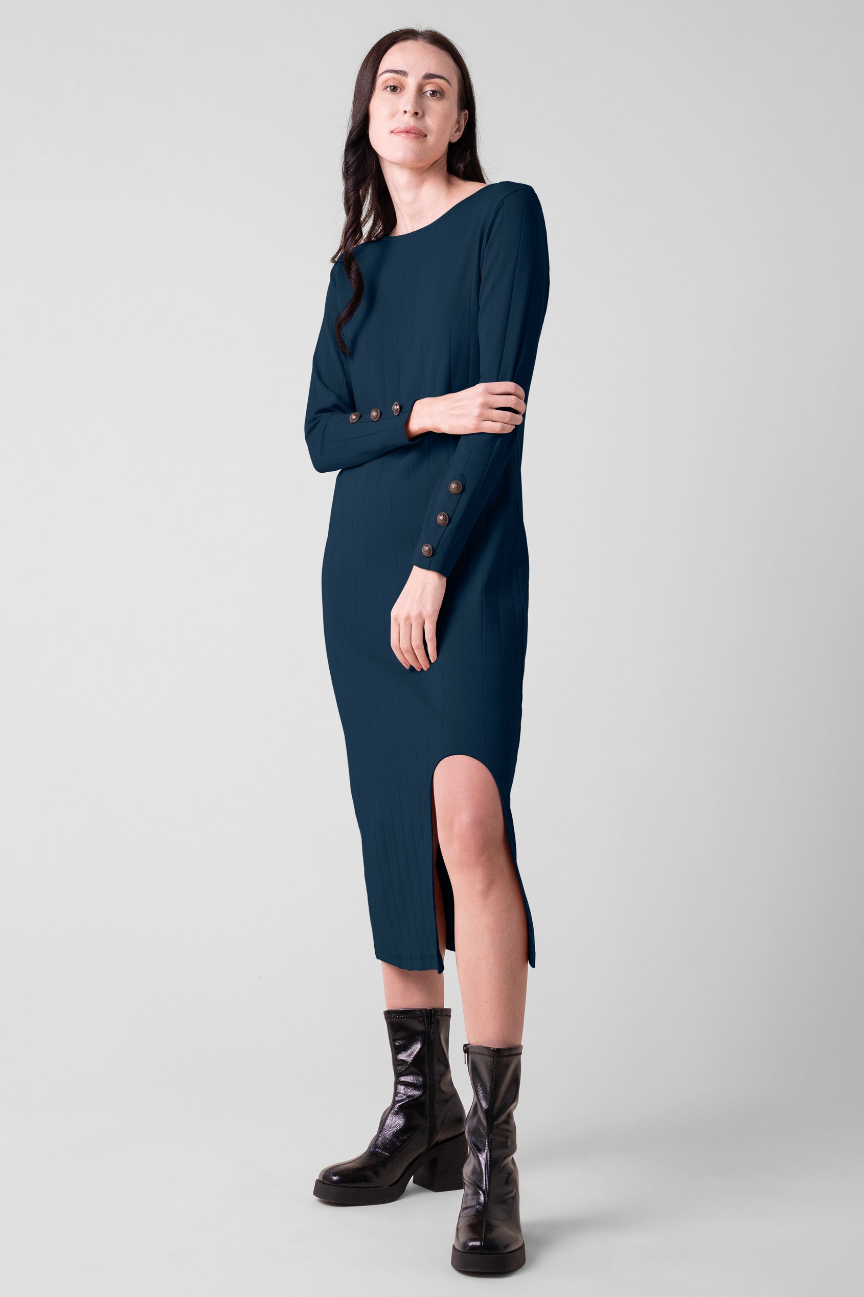 Ruched Button Decor Long Sleeve Tunic Dress