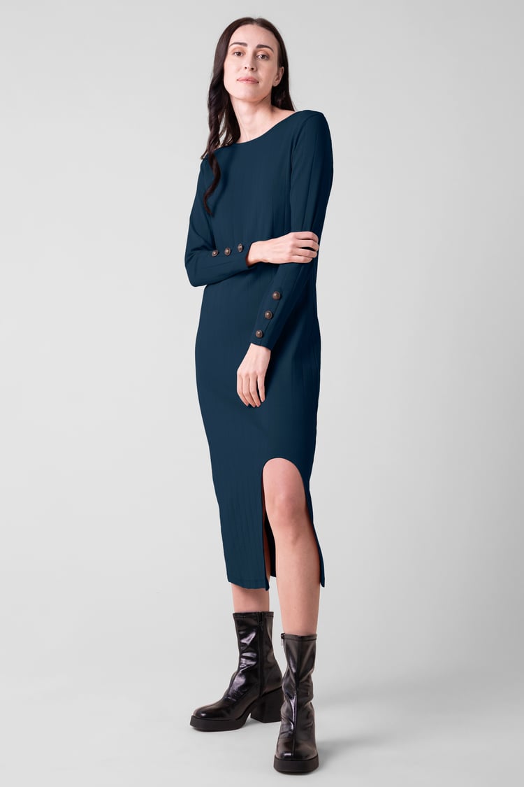 Ruched Button Decor Long Sleeve Tunic Dress