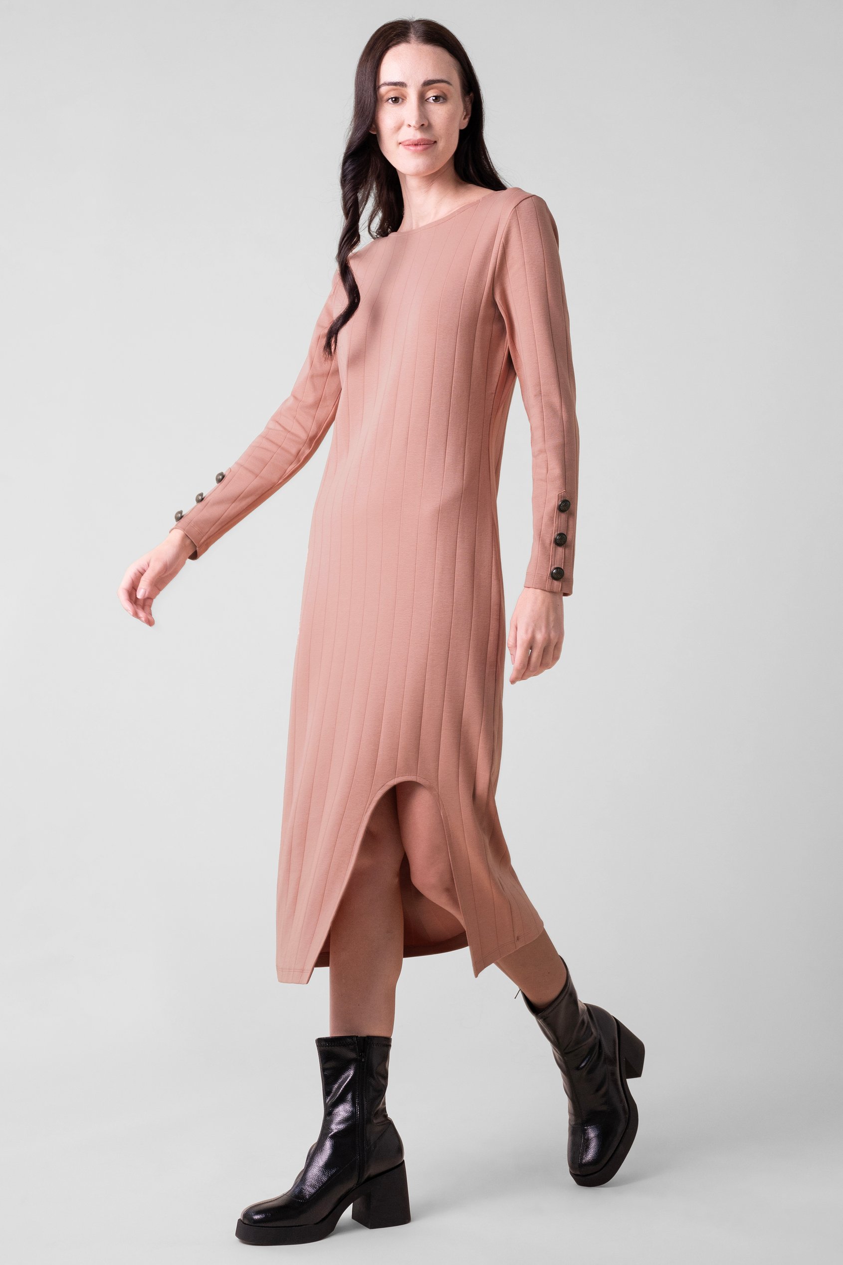 Ruched Button Decor Long Sleeve Tunic Dress