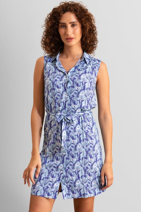 Blue Wild Garden Print Button-Through Shirt Dress