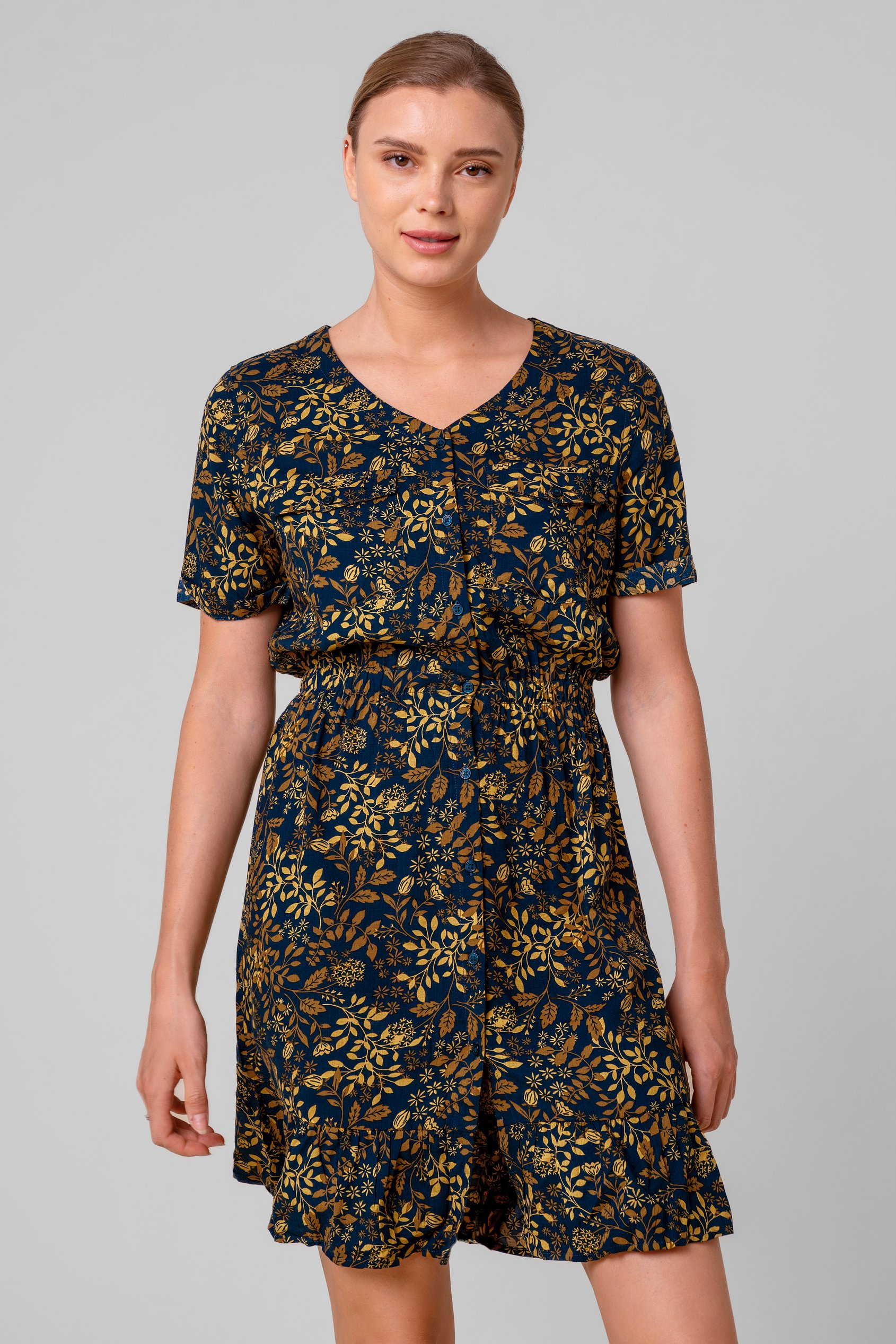Womens V-neck Button Through Dress