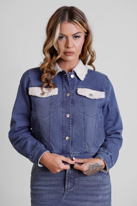 Mid Blue Borg Collar Cropped Denim Jacket