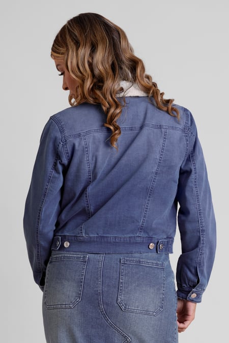 Mid Blue Borg Collar Cropped Denim Jacket