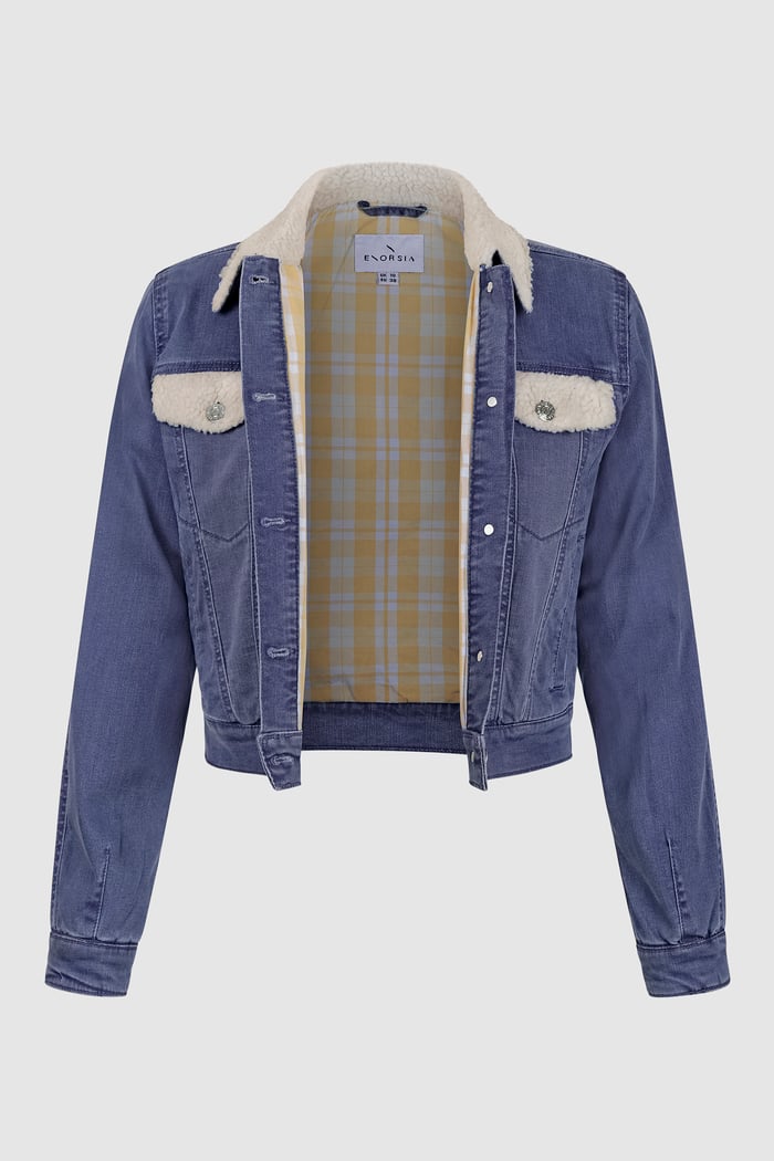 Borg Collar Cropped Denim Jacket