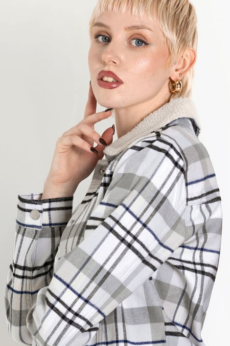 White Plaid Check Borg Collar Shacket