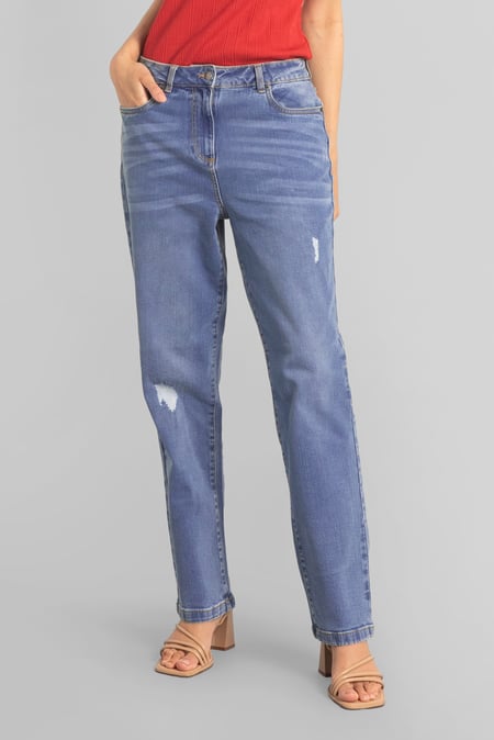 Blue Straight Fit High Rise Ripped Jeans