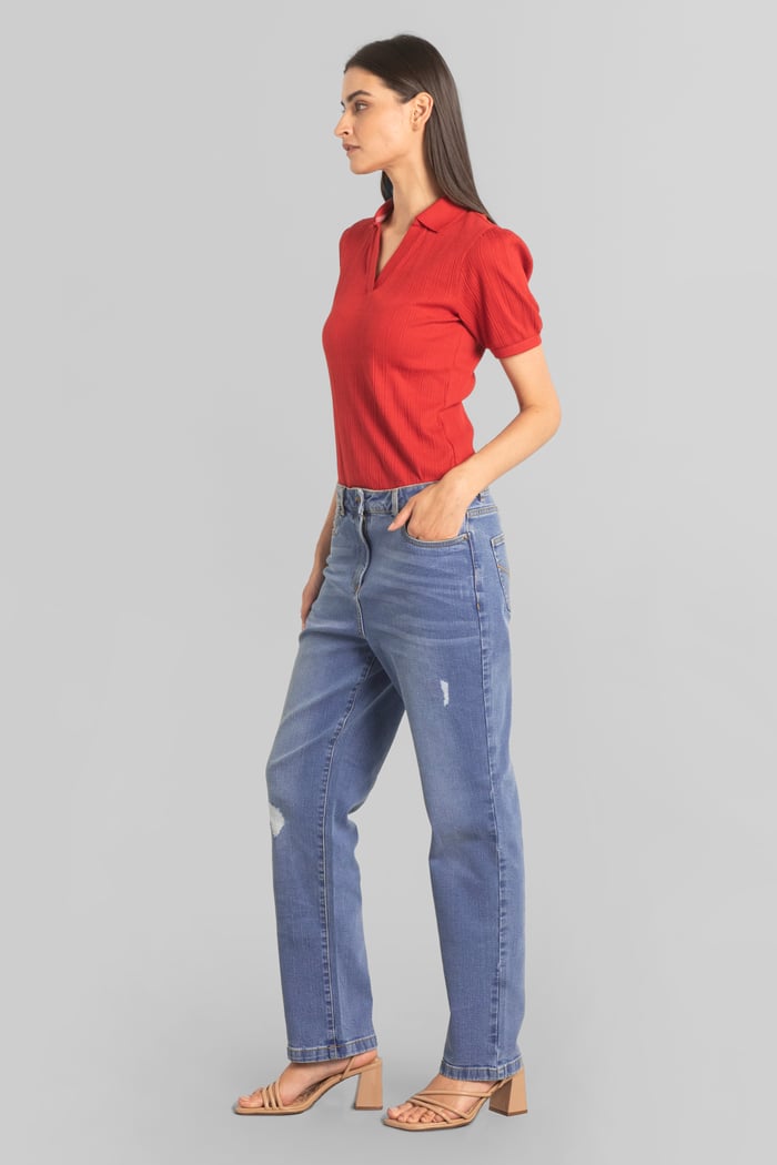 Straight Fit High Rise Ripped Jeans