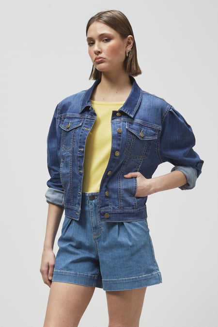 Mid Blue Puff Sleeve Denim Mid Wash Jacket