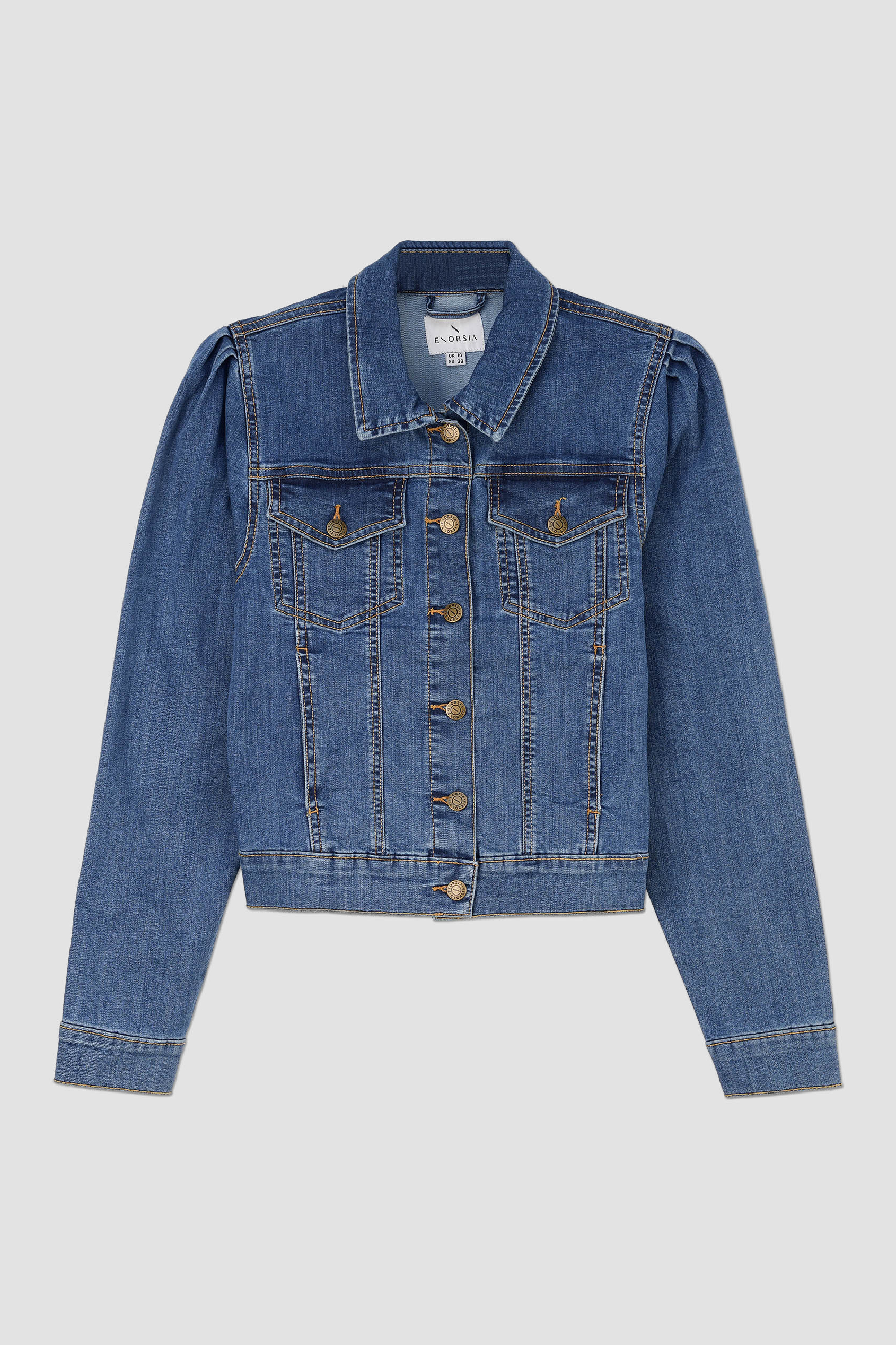 Puff Sleeve Denim Mid Wash Jacket