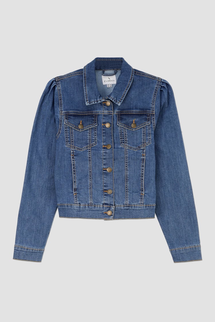Puff Sleeve Denim Mid Wash Jacket