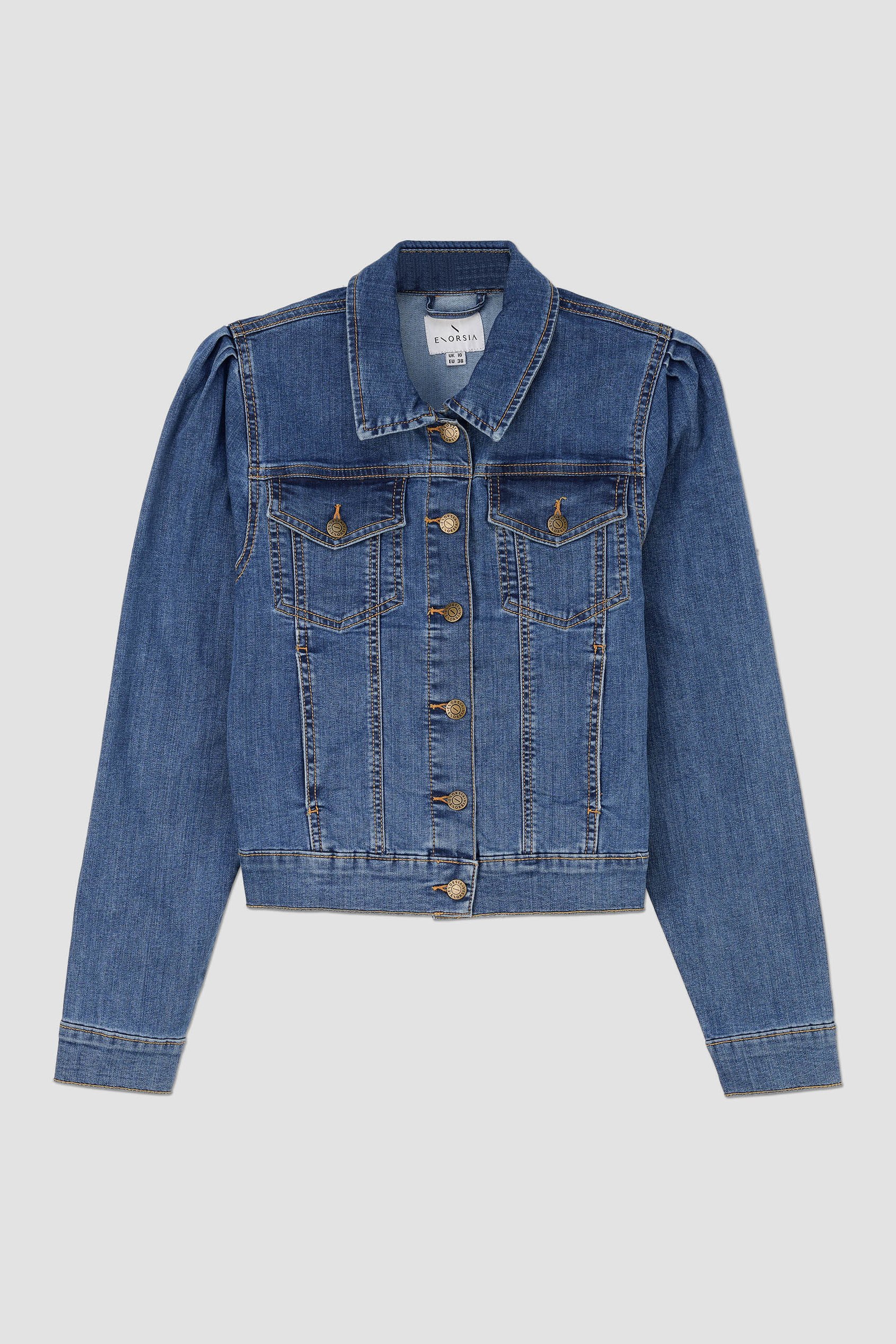 Puff Sleeve Denim Mid Wash Jacket