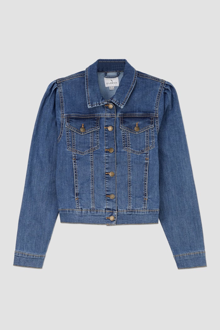 Puff Sleeve Denim Mid Wash Jacket