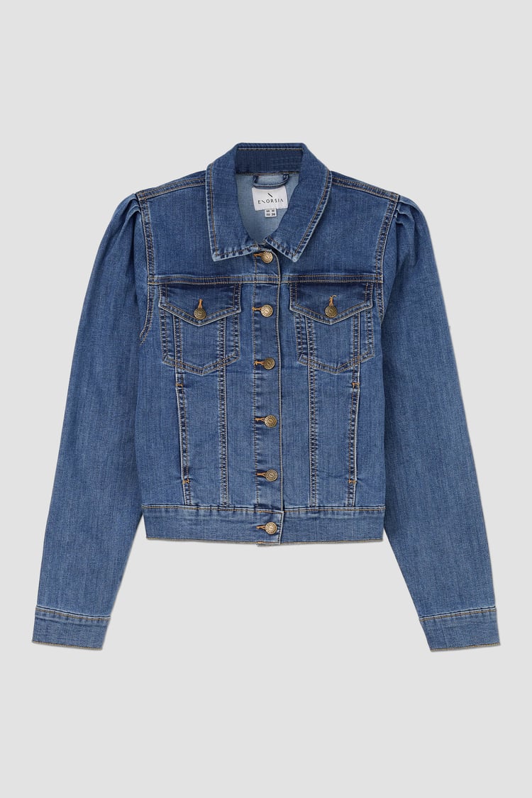 Puff Sleeve Denim Mid Wash Jacket