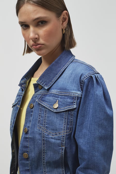 Mid Blue Puff Sleeve Denim Mid Wash Jacket
