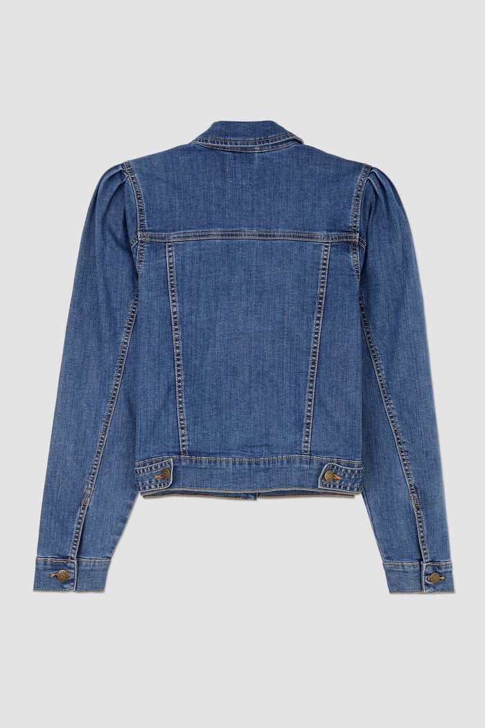 Puff Sleeve Denim Mid Wash Jacket