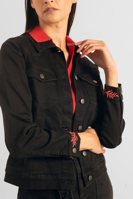 Black Classic Denim Jacket With Sleeve Embroidery