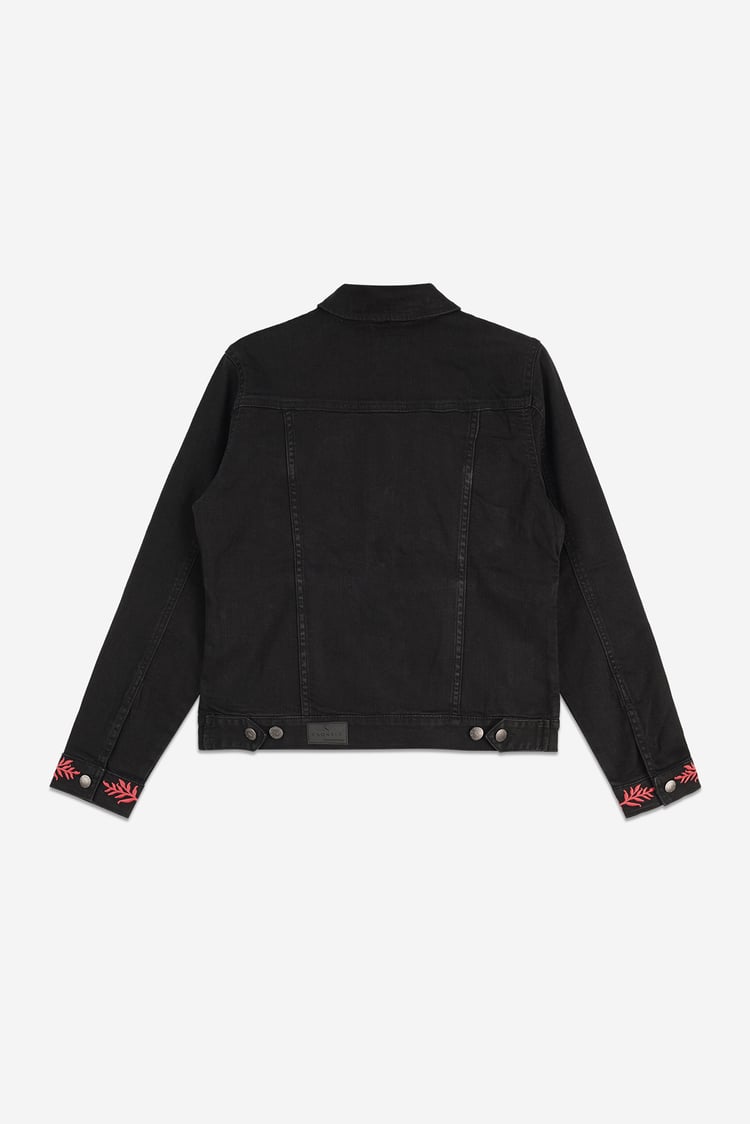 Classic Black Denim Jacket With Sleeve Embroidery